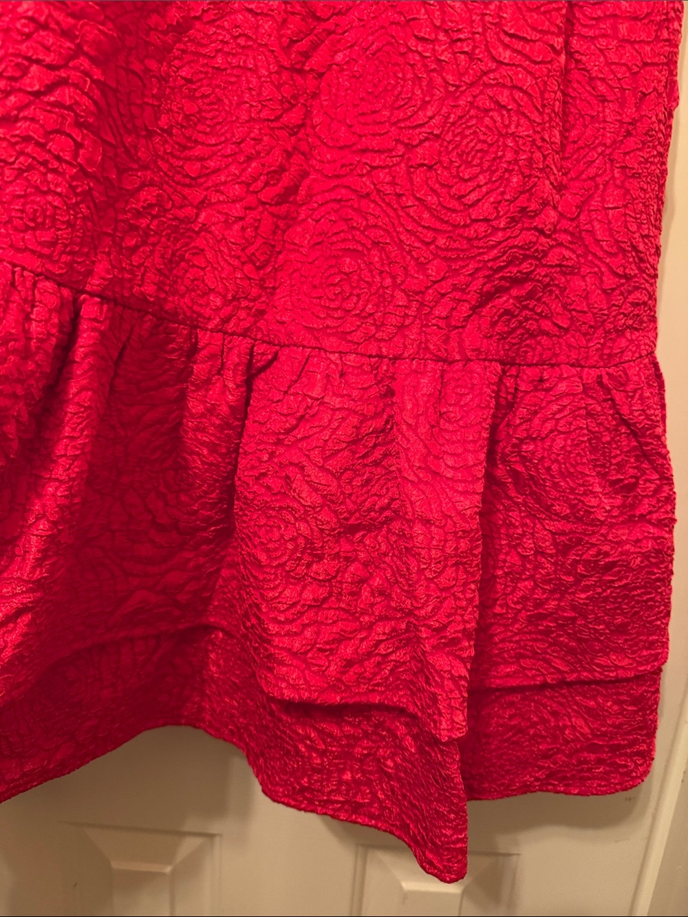 Embellished Neck Red Textured Ruffle Dress - Picture 5 of 6
